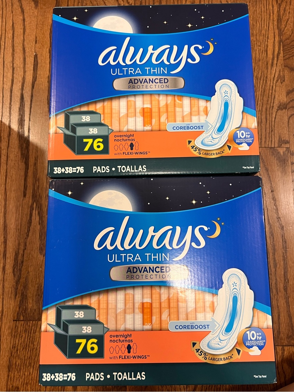 Always Ultra Thin Overnight Pads Bundle 2 Pack 76 Count Each New Sealed